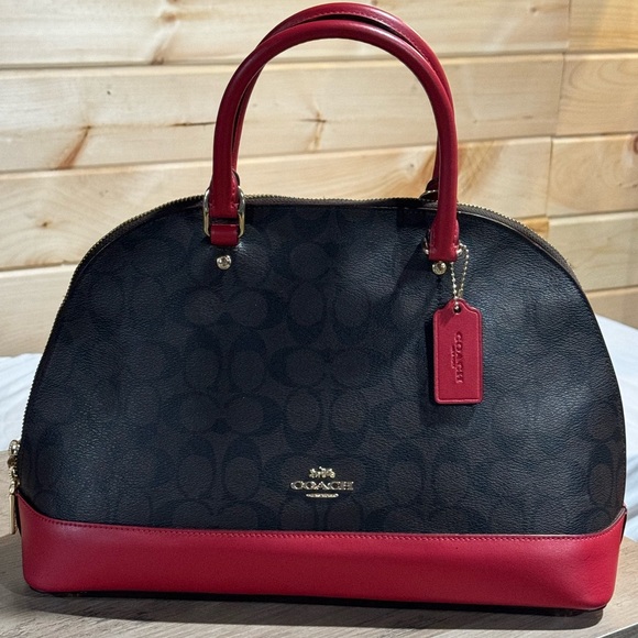 Coach Handbags - Authentic Coach Brown Monogram Coated Canvas Red Leather Sierra Satchel